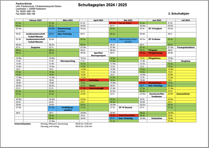 Übersicht Schultageplan 2024 / 2025 -  2. Halbjahr