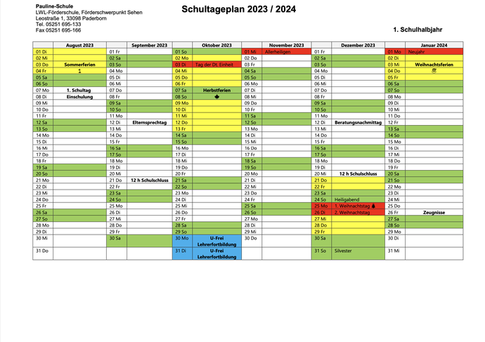 Übersicht Schultageplan 2023 / 2024 - 1. Halbjahr