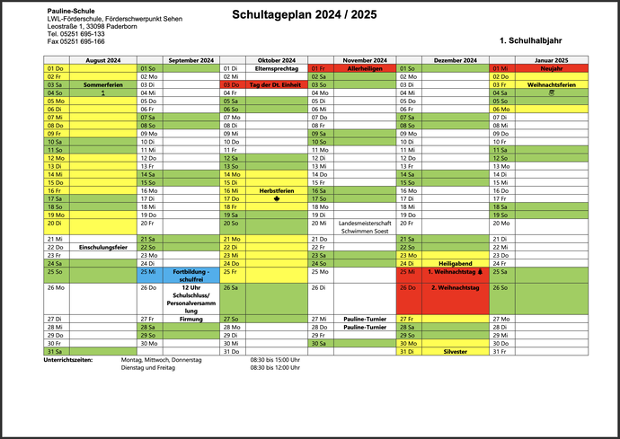 Übersicht Schultageplan 2024 / 2025 - 1. Halbjahr