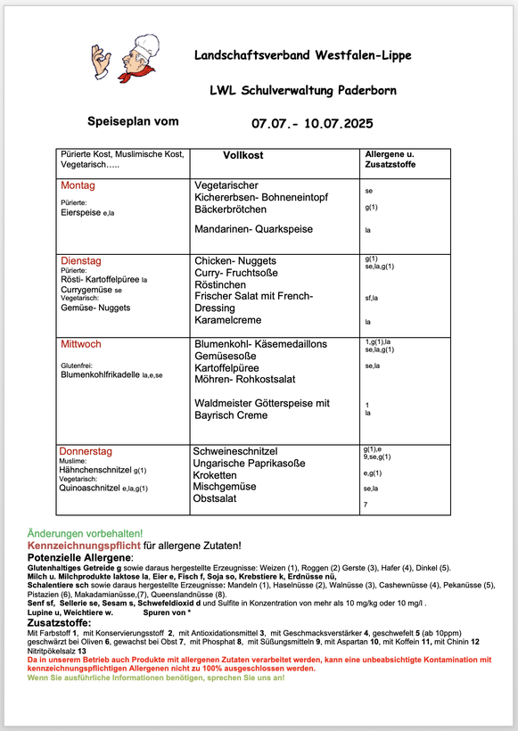 Speiseplan Speiseplan